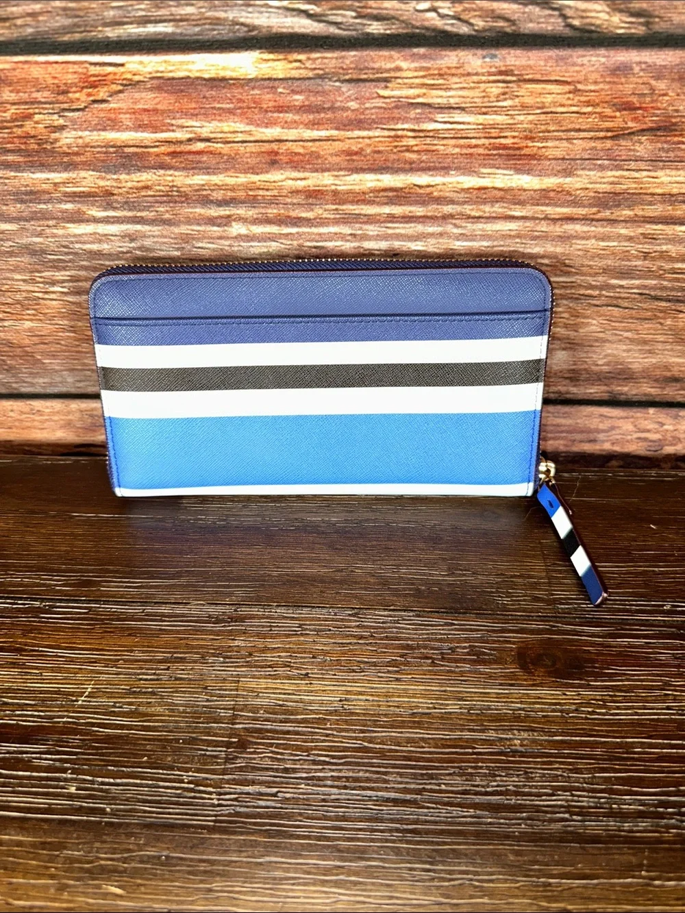 kate spade Striped Zip-Around Wallet - Blue, White, Black, Coral